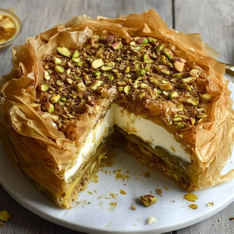 Baklava Cheesecake — creamy cheesecake with baklava topping and honey drizzle