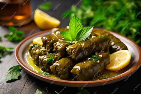 Dolmathes — stuffed grape leaves with beef, rice and herbs