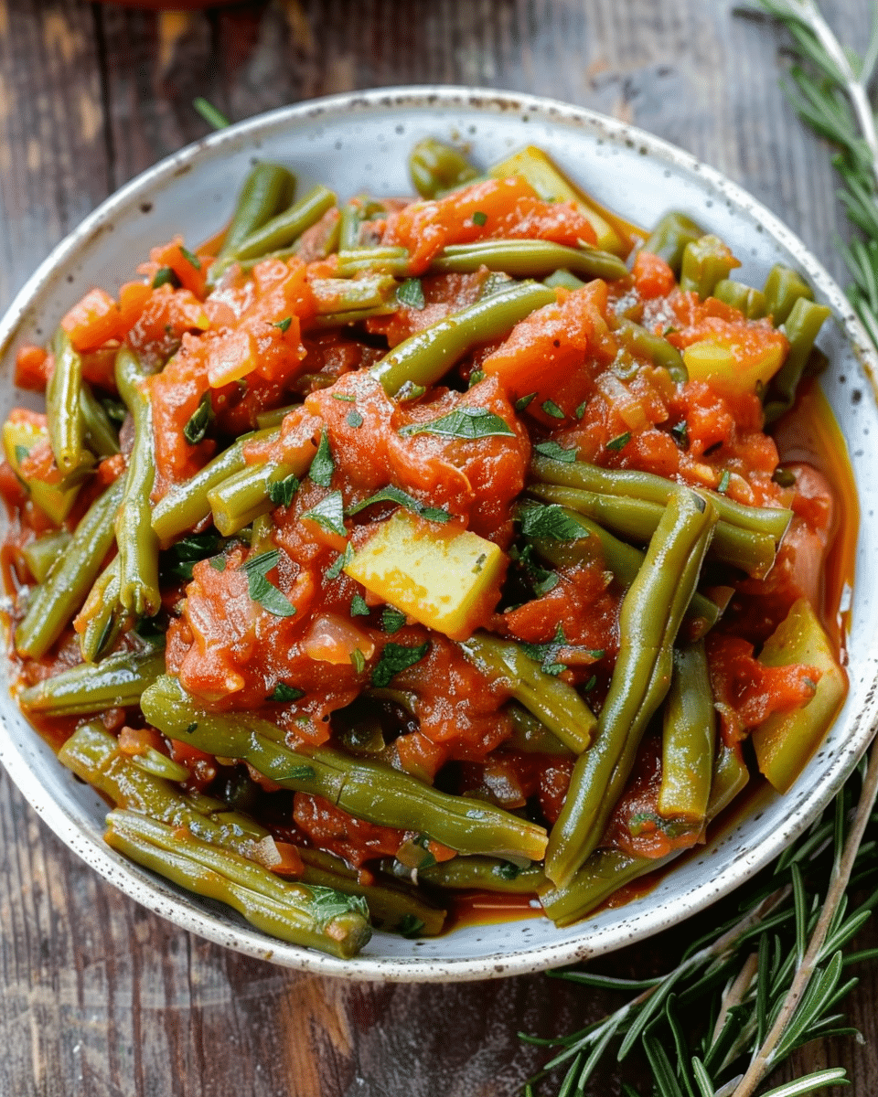 Fasolakia Yahni — Greek stewed green beans in tomato sauce